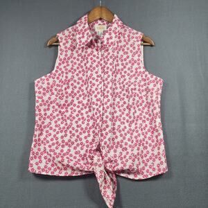 Talbots Women Top Plus Sz 16 Pink Floral Embroidered Sleeveless Collar Tie Front